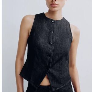 Zara Vest Denim TRF Black Womens Size M WaistCoat Crew Neck Sleeveless 6292/272